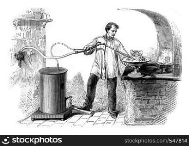 Gas torch used in large workshops, vintage engraved illustration. Magasin Pittoresque 1861.