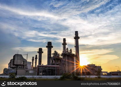 Gas turbine electric power plant with sunset is support all factory in industrial estate Chonburi city