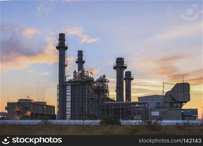 Gas turbine electrical power plant at dusk with twilight