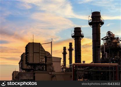 Gas turbine electrical power plant at dusk with twilight