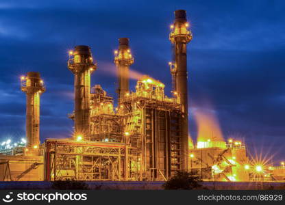 Gas turbine electrical power plant with blue hour at dusk