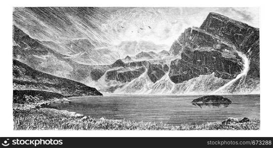 Gasienica Black Lake in Koscielec Valley in the Tatra Mountains, Poland, drawing by G. Vuillier from a photograph, vintage engraved illustration. Le Tour du Monde, Travel Journal, 1881