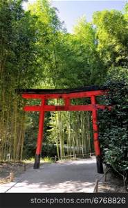 gate of the Japanese garden entrance in park Anduze bamboo where almost all species are represented and promoted in an Asian garden