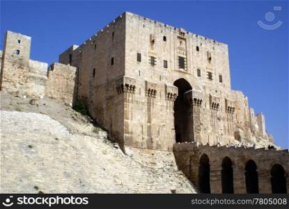 Gate tower and citadel in Aleppo, Syria