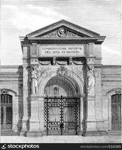 Gateway to the Conservatory of Arts and Crafts, vintage engraved illustration. Magasin Pittoresque 1855.