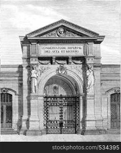 Gateway to the Conservatory of Arts and Crafts, vintage engraved illustration. Magasin Pittoresque 1855.