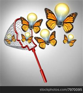 Gather ideas creativity concept with a butterfly net shaped as a human head collecting inovative solutions as a group of flying illuminated light bulbs with insect wings for business success.