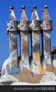 Gaudi chimney on the roof of Casa Batllo in the Eixample district of Barcelona in the Catalonia region of Spain.