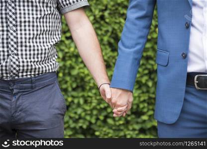 Gay couple homosexual holding hands together relation fall in love. Gay conceptual images