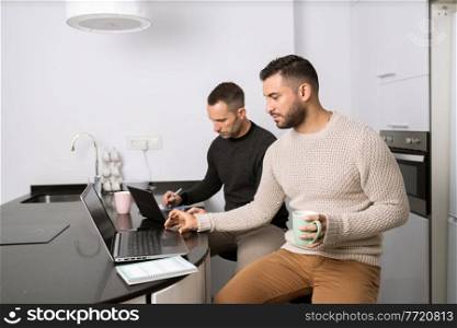 Gay couple working together at home with their laptops. Lifestyle concept.. Gay couple working together at home with their laptops.