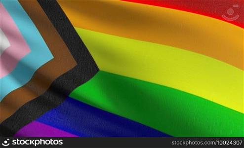 Gay flag, LGBT, or rainbow flag. Pride symbol blowing in the wind isolated. Official patriotic abstract design. 3D rendering illustration of waving sign symbol.