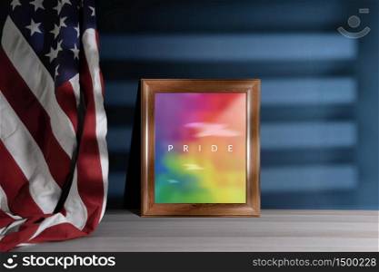 Gay, Homosexual, LGBTQ in USA Concept. Rainbow Color picture with Pride Text in Photo Frame. United States of America Flag Hanging on the Wall