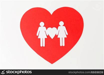 gay pride, homosexual, valentines day and lgbt concept - female couple white paper pictogram on red heart. female couple white paper pictogram on red heart. female couple white paper pictogram on red heart