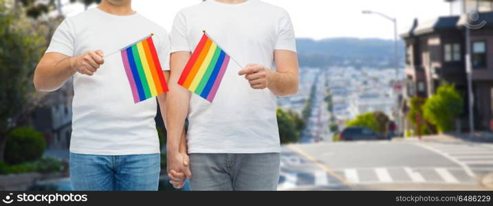 gay pride, lgbt and homosexual concept - close up of happy male couple with rainbow flags in white t-shirts holding hands over san francisco city background. male couple with gay pride flags holding hands. male couple with gay pride flags holding hands