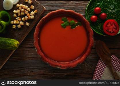 Gazpacho andaluz is a fresh tomato soup and vegetables of Andalusian Spain