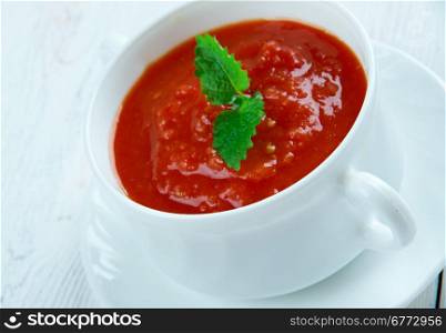 Gazpacho de remolacha - Tomato soup with beet, and garlic, Spanish cuisine