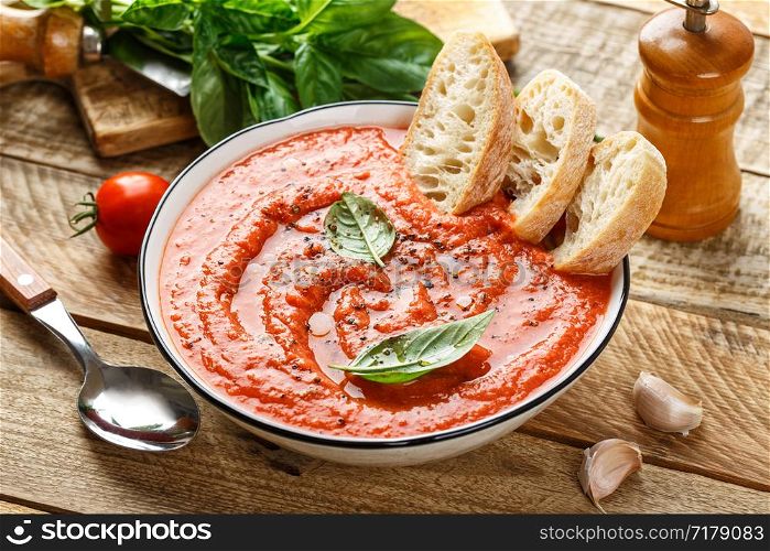 Gazpacho soup. Traditional spanish cold tomato soup of fresh raw vegetables