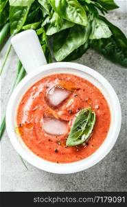 Gazpacho soup. Traditional spanish cold tomato soup of fresh raw vegetables
