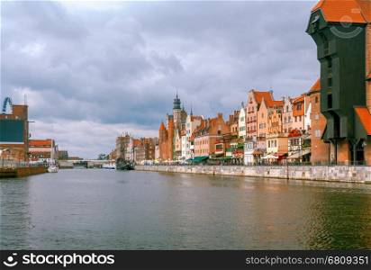Gdansk. Central City Quay.. Facades of old medieval houses on the waterfront in Gdansk.