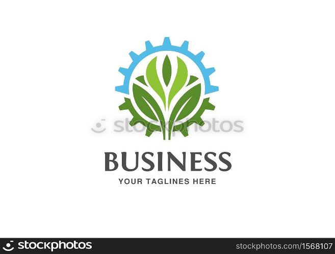 gear and leaf environment industrial logo design vector