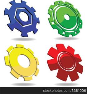 Gear icons in various colors over white background