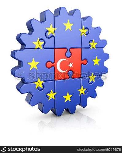 Gear-puzzle with a flag of the European Union and the Turkey.3D render.