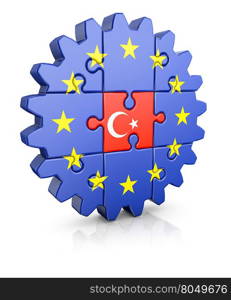 Gear-puzzle with a flag of the European Union and the Turkey.3D render.