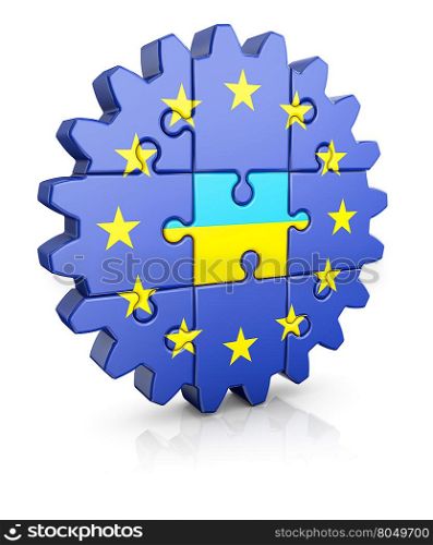 Gear-puzzle with a flag of the European Union and the Ukrainian.3D render.