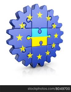 Gear-puzzle with a flag of the European Union and the Ukrainian.3D render.