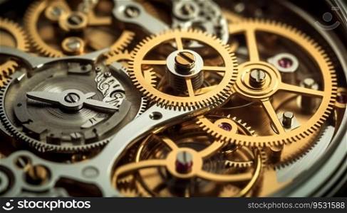 Gears and cogs in clockwork watch mechanism close up macro
