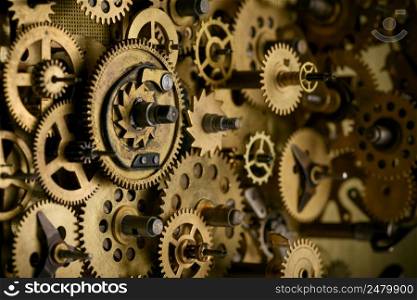 Gears and cogs in old vintage mechanism macro closeup
