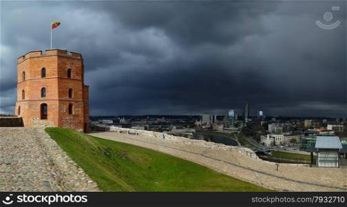 Gediminas tower on a storm sky background. This tower is an important state and historic symbol of the city of Vilnius and of Lithuania.