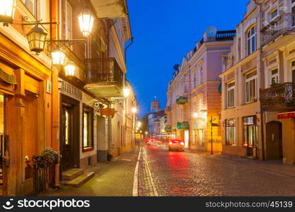 Gediminas Tower or Upper Castle as viewed from Pilies Street at night, Old Town of Vilnius, Lithuania, Baltic states.