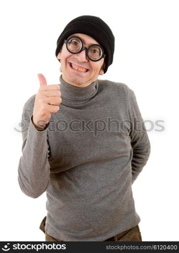 geek man going thumbs up, isolated on white