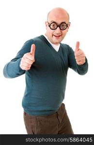 geek man going thumbs up, isolated on white background