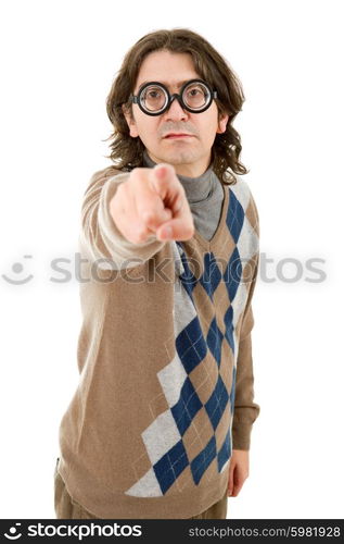 geek man pointing isolated on white background