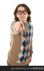 geek man pointing isolated on white background