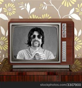 geek mustache tv presenter in retro wood television vintage wallpaper