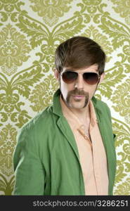 geek retro salesperson man funny mustache sunglasses in green wallpaper