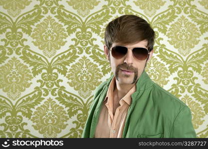 geek retro salesperson man funny mustache sunglasses in green wallpaper