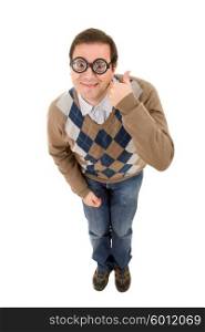 geek silly teacher full length going thumbs up, isolated
