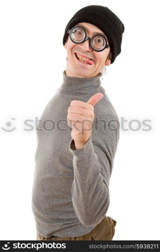geek teacher going thumb up, isolated on white background