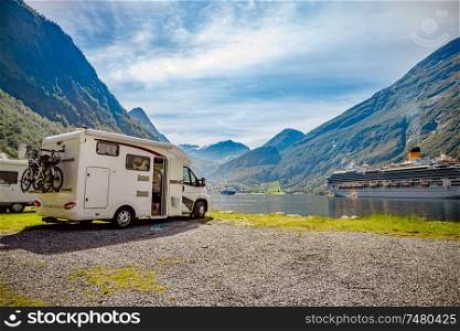 Geiranger fjord, Beautiful Nature Norway. Family vacation travel RV, holiday trip in motorhome, Caravan car Vacation. Geiranger Fjord, a UNESCO World Heritage Site