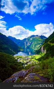 Geiranger fjord, Beautiful Nature Norway. It is a 15-kilometre (9.3 mi) long branch off of the Sunnylvsfjorden, which is a branch off of the Storfjorden aerial photography.