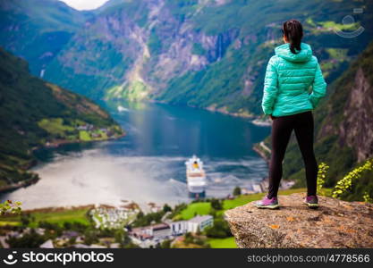 Geiranger fjord, Beautiful Nature Norway panorama. It is a 15-kilometre (9.3 mi) long branch off of the Sunnylvsfjorden, which is a branch off of the Storfjorden (Great Fjord).