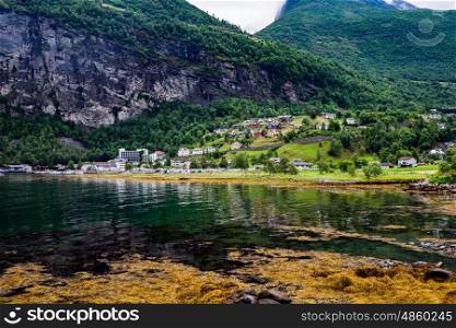 Geiranger fjord, Beautiful Nature Norway panorama. It is a 15-kilometre (9.3 mi) long branch off of the Sunnylvsfjorden, which is a branch off of the Storfjorden (Great Fjord).