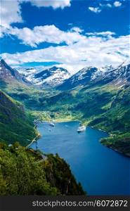 Geiranger fjord, Beautiful Nature Norway (tilt shift lens). It is a 15-kilometre (9.3 mi) long branch off of the Sunnylvsfjorden, which is a branch off of the Storfjorden (Great Fjord).