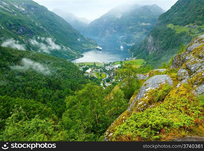 Geiranger Fjord (Norge) summer view from above Dalsnibba mount