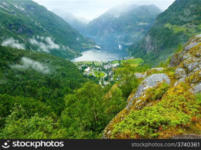 Geiranger Fjord (Norge) summer view from above Dalsnibba mount