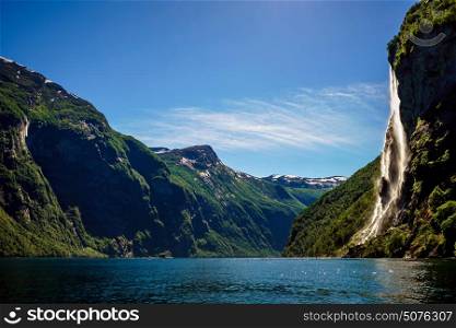Geiranger fjord, waterfall Seven Sisters. Beautiful Nature Norway natural landscape.